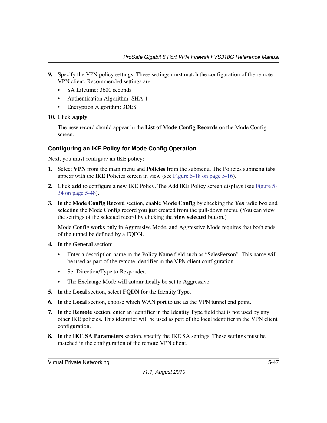 NETGEAR FVS318G manual Configuring an IKE Policy for Mode Config Operation 