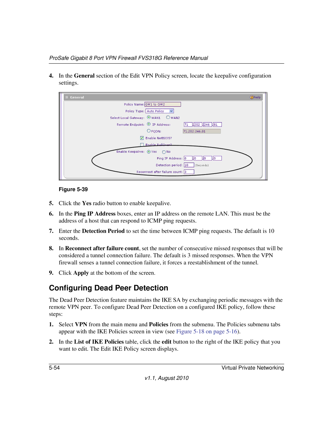 NETGEAR FVS318G manual Configuring Dead Peer Detection 