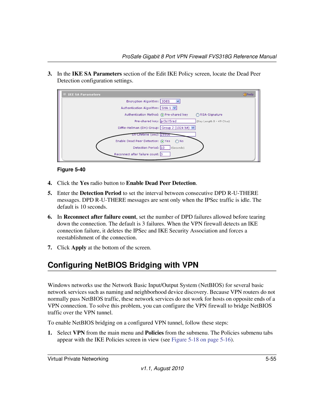 NETGEAR FVS318G manual Configuring NetBIOS Bridging with VPN, Click the Yes radio button to Enable Dead Peer Detection 