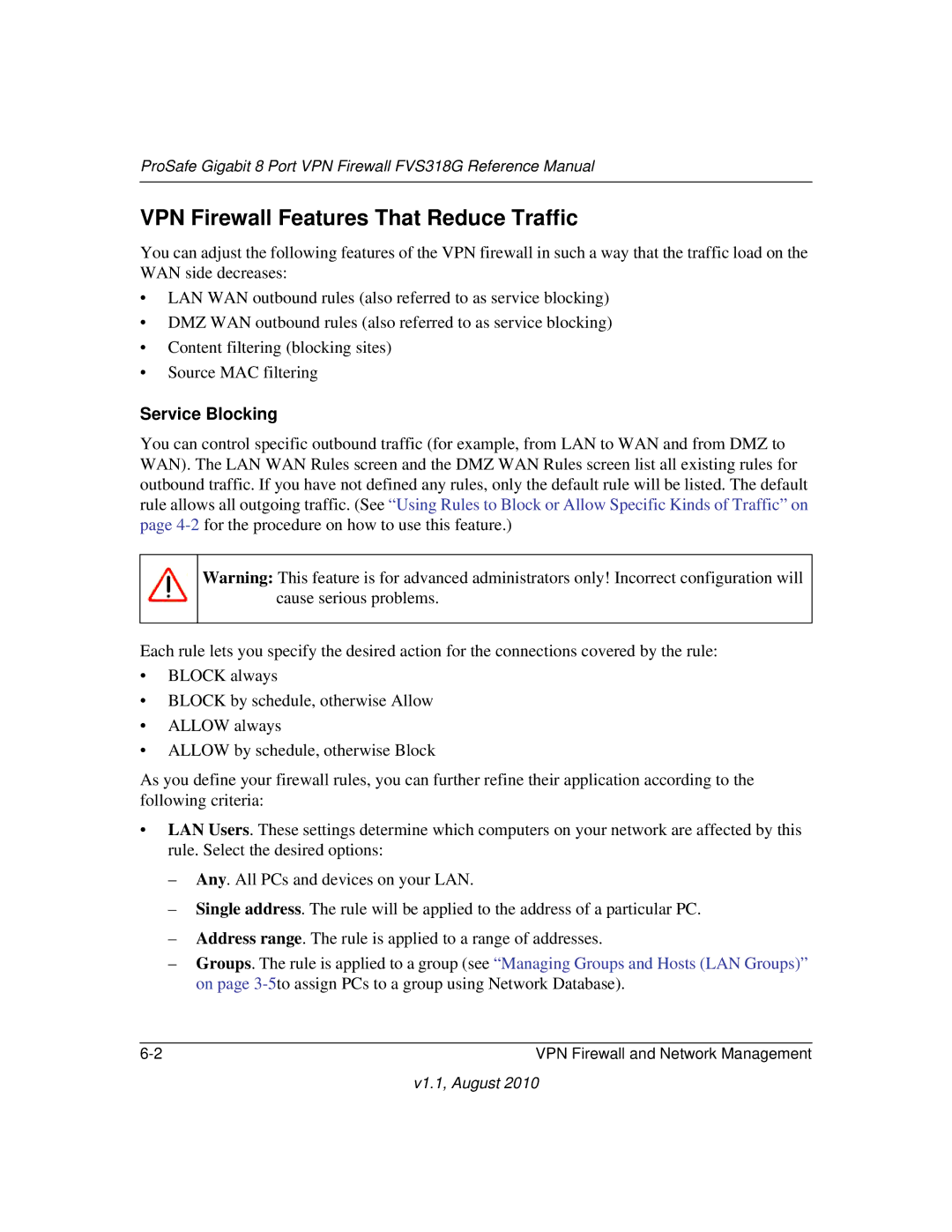 NETGEAR FVS318G manual VPN Firewall Features That Reduce Traffic, Service Blocking 