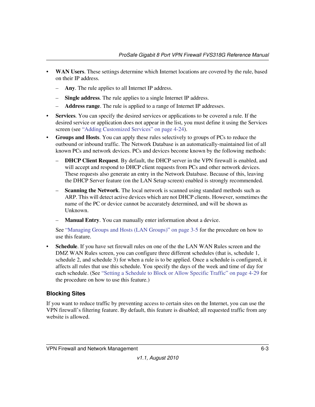 NETGEAR FVS318G manual Blocking Sites 