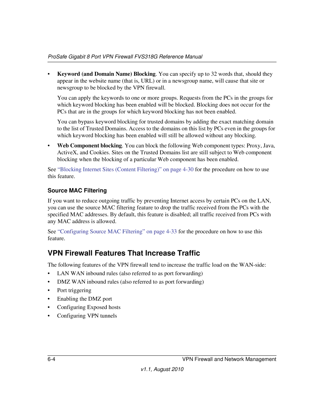 NETGEAR FVS318G manual VPN Firewall Features That Increase Traffic, Source MAC Filtering 