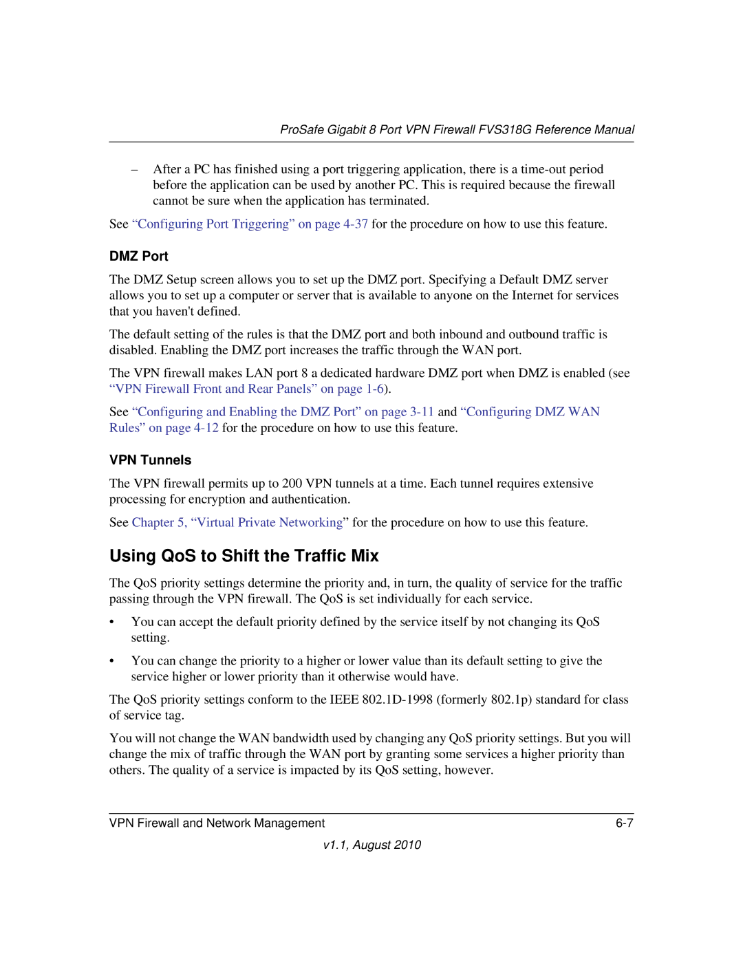 NETGEAR FVS318G manual Using QoS to Shift the Traffic Mix, DMZ Port, VPN Tunnels 