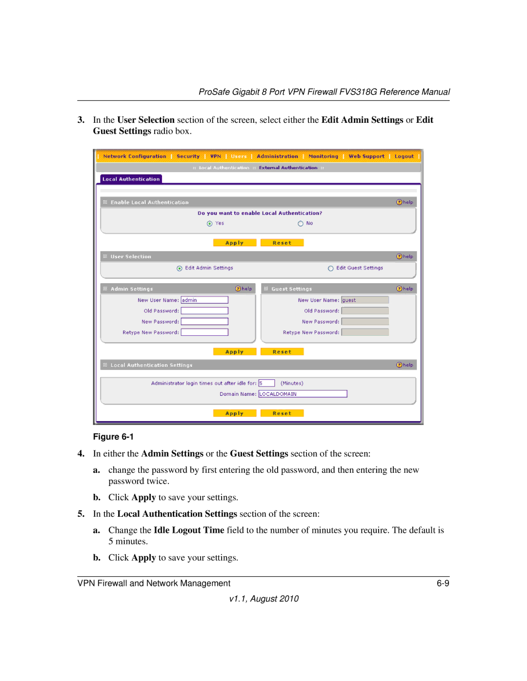 NETGEAR FVS318G manual Local Authentication Settings section of the screen 