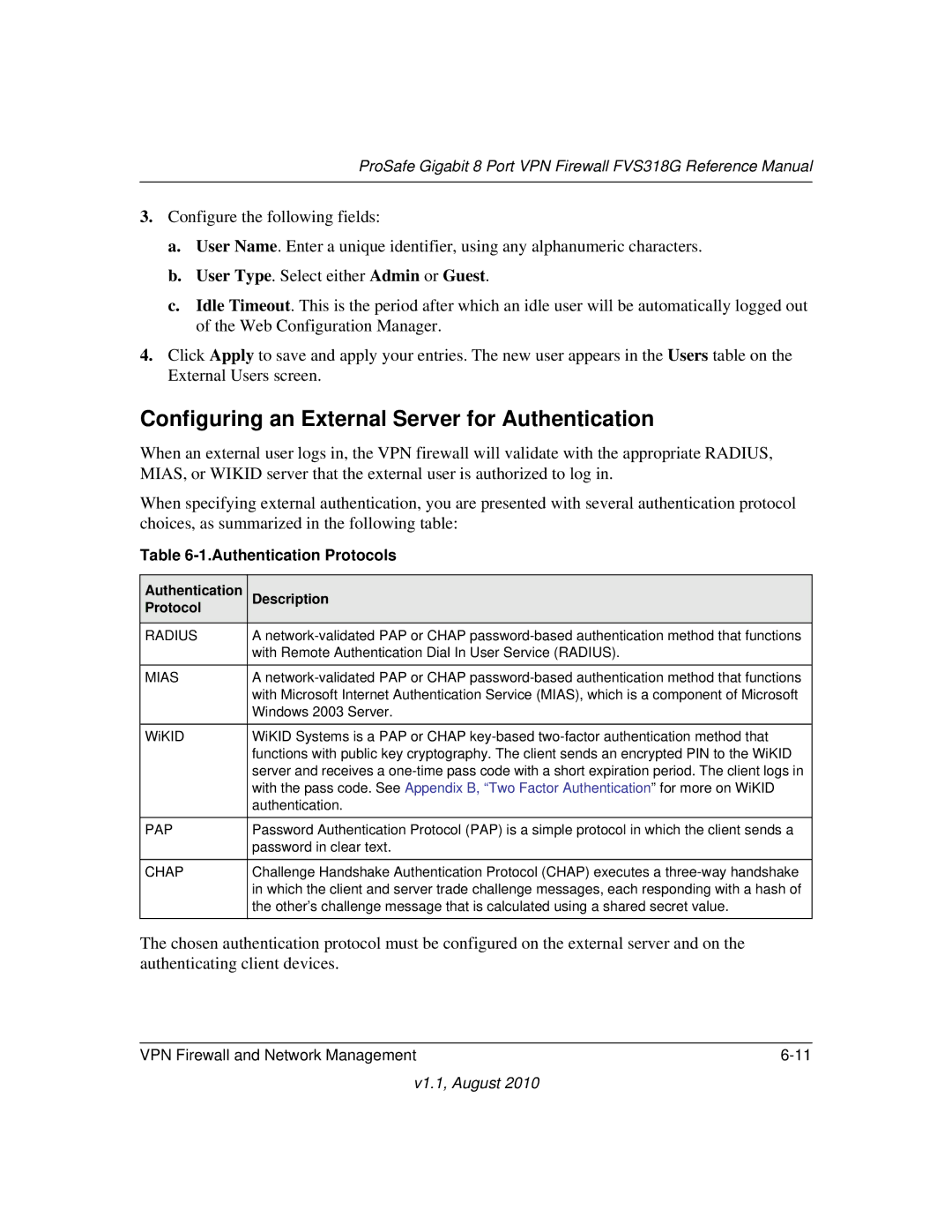 NETGEAR FVS318G manual Configuring an External Server for Authentication, Authentication Protocols 