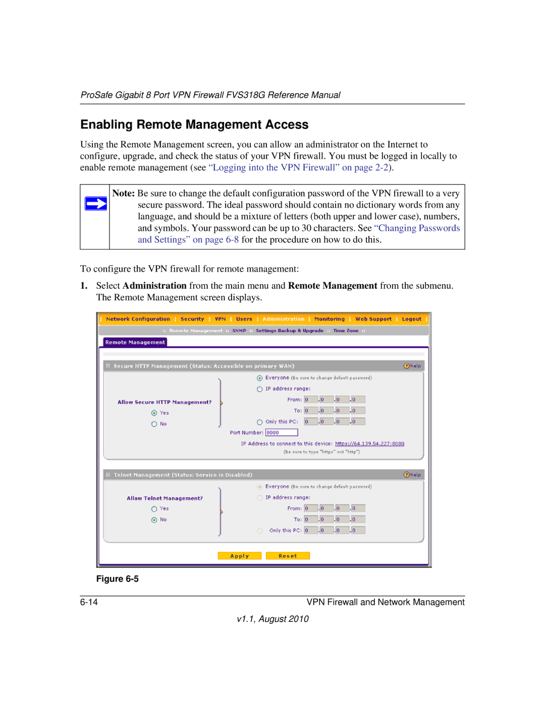 NETGEAR FVS318G manual Enabling Remote Management Access 