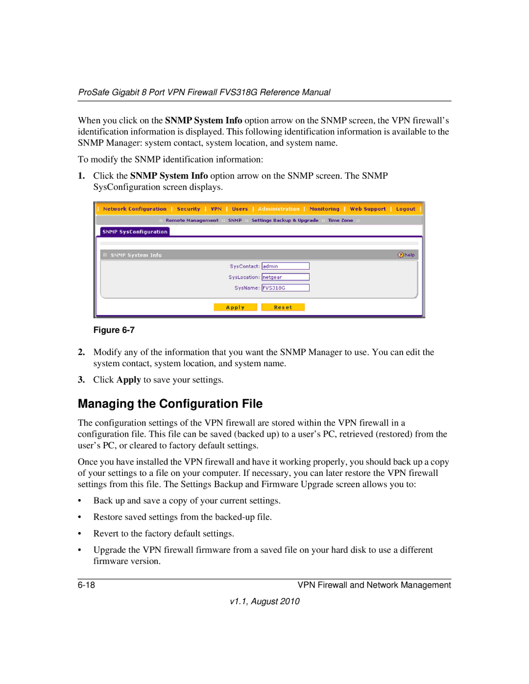 NETGEAR FVS318G manual Managing the Configuration File 