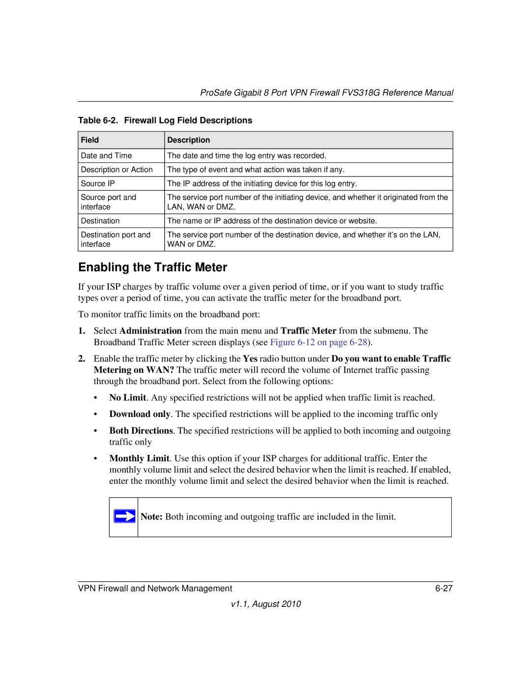 NETGEAR FVS318G manual Enabling the Traffic Meter, Firewall Log Field Descriptions 