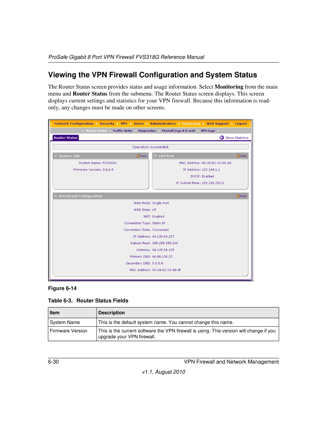 NETGEAR FVS318G manual Viewing the VPN Firewall Configuration and System Status, Router Status Fields 