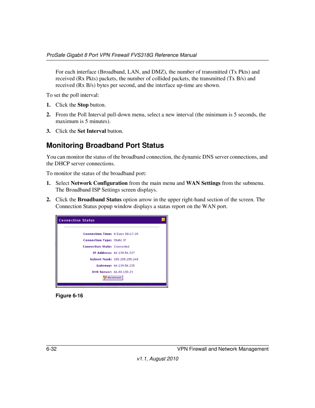 NETGEAR FVS318G manual Monitoring Broadband Port Status 