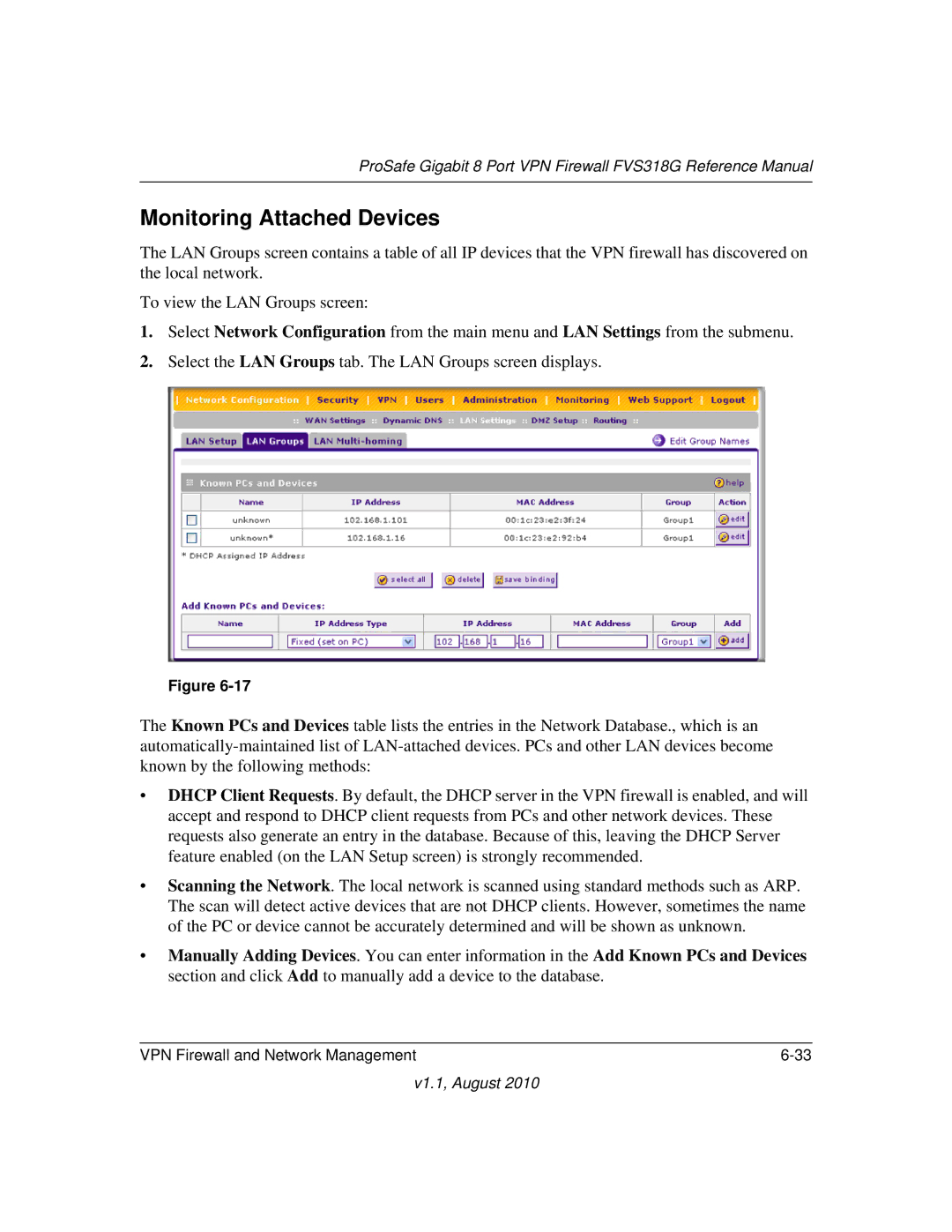 NETGEAR FVS318G manual Monitoring Attached Devices 