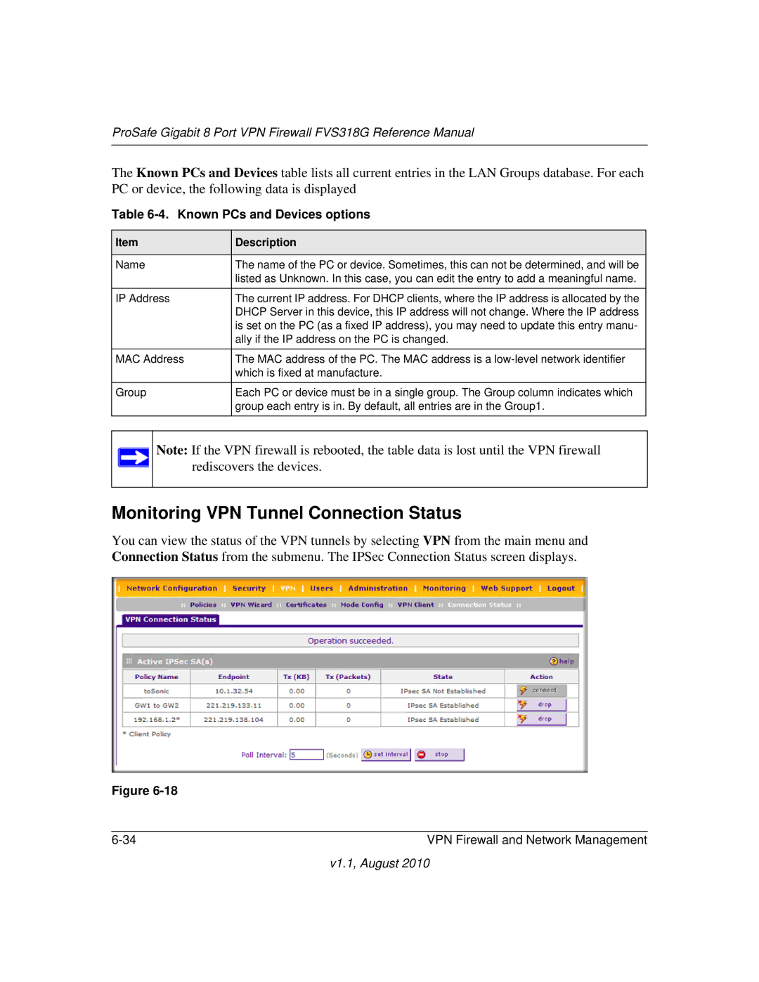 NETGEAR FVS318G manual Monitoring VPN Tunnel Connection Status, Known PCs and Devices options 