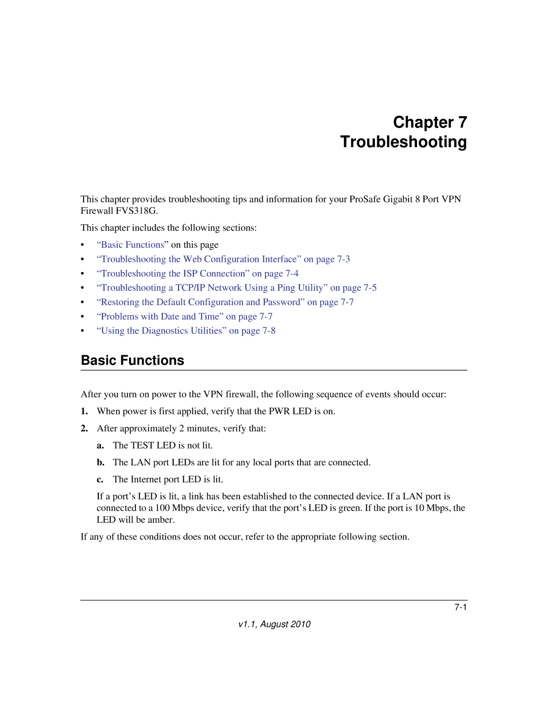 NETGEAR FVS318G manual Chapter Troubleshooting, Basic Functions 