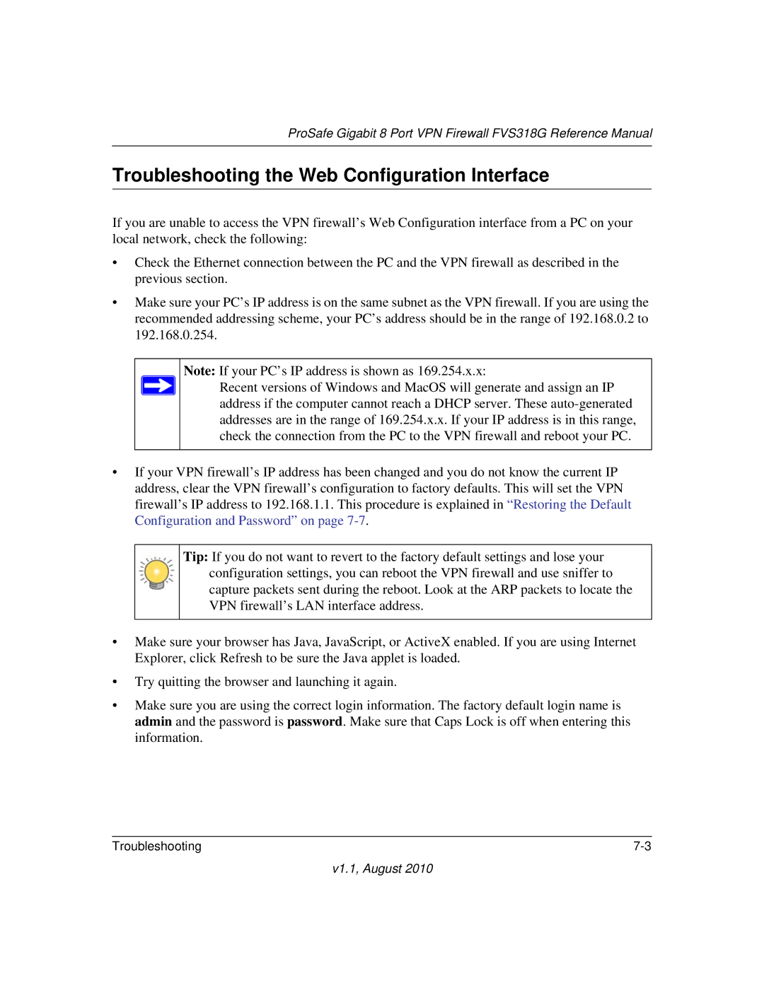 NETGEAR FVS318G manual Troubleshooting the Web Configuration Interface 