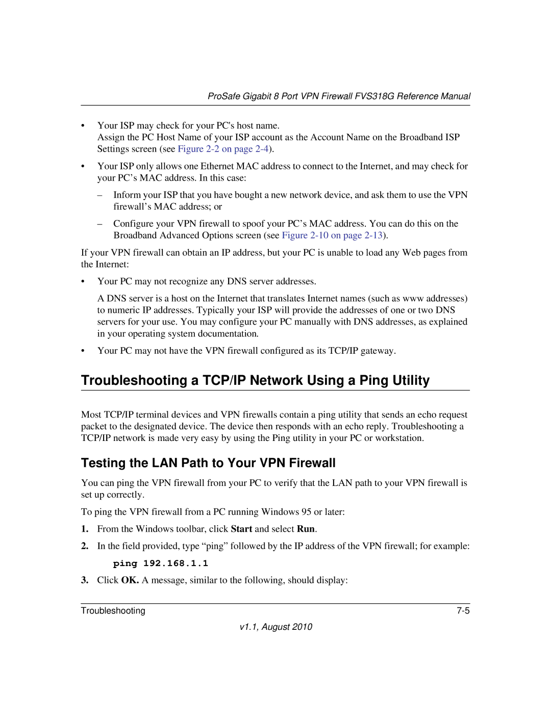 NETGEAR FVS318G manual Troubleshooting a TCP/IP Network Using a Ping Utility, Testing the LAN Path to Your VPN Firewall 