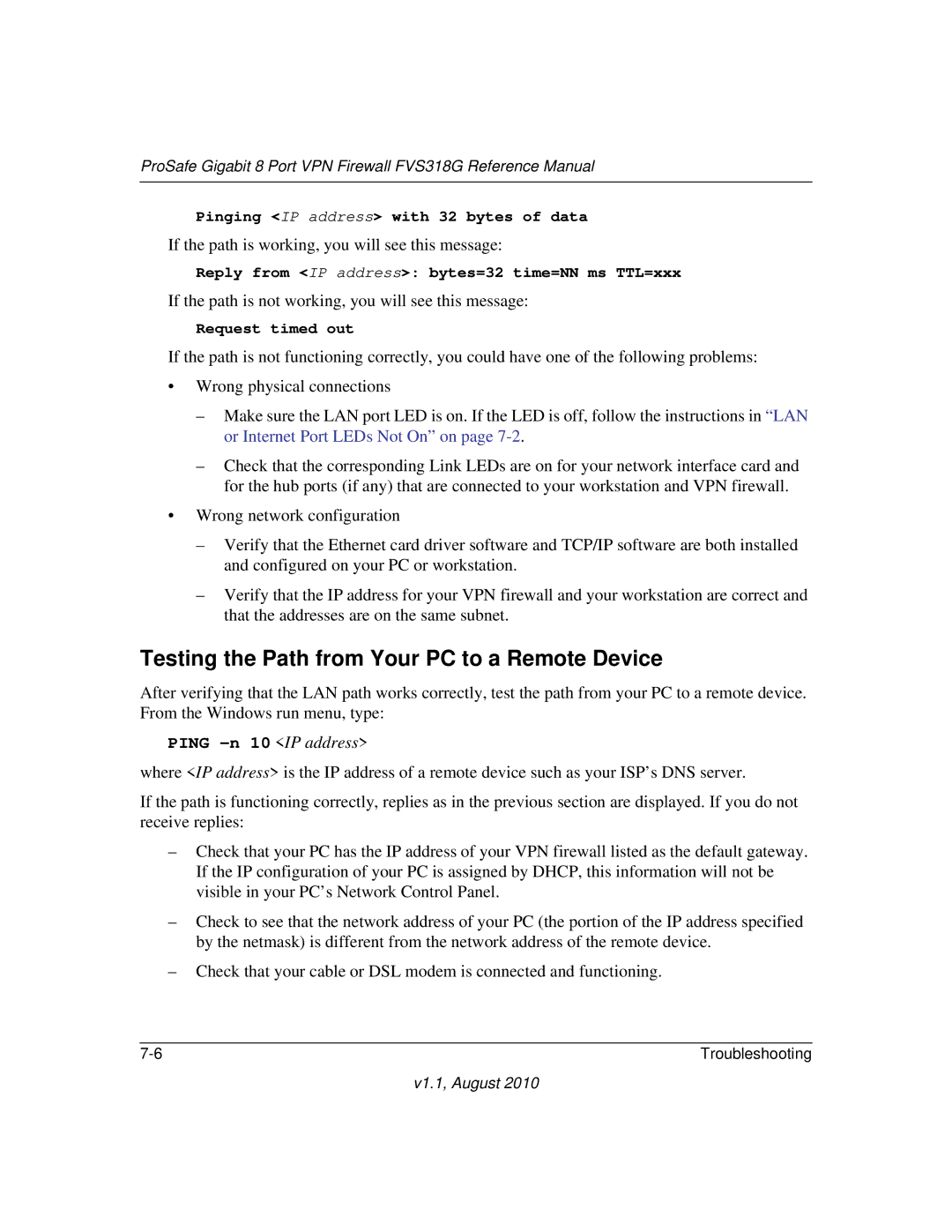 NETGEAR FVS318G manual Testing the Path from Your PC to a Remote Device, Ping -n 10 IP address 