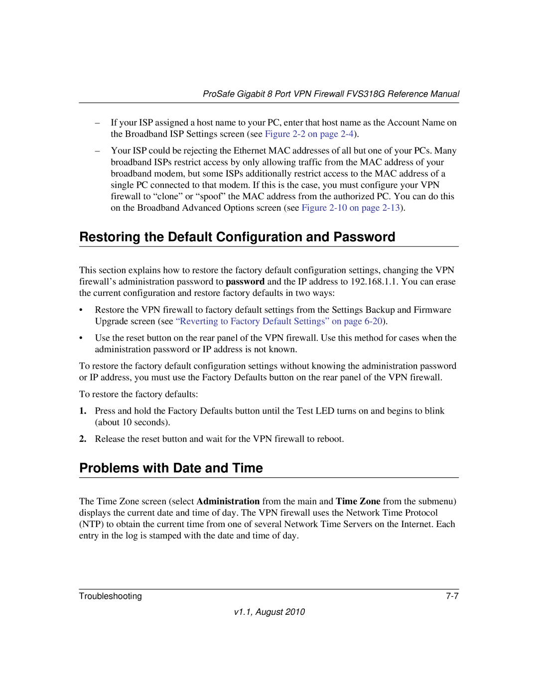 NETGEAR FVS318G manual Restoring the Default Configuration and Password, Problems with Date and Time 