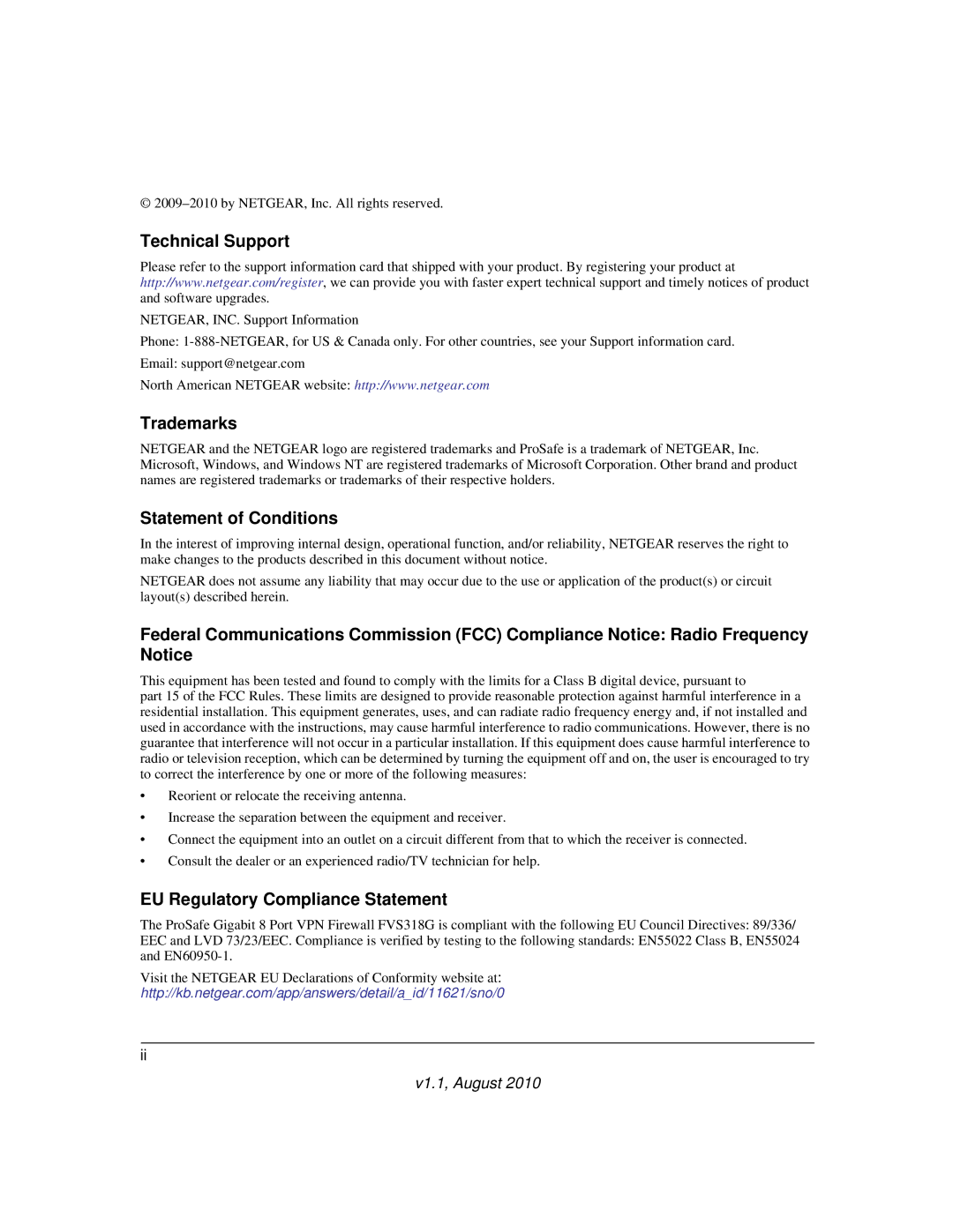 NETGEAR FVS318G manual Technical Support, Trademarks, Statement of Conditions, EU Regulatory Compliance Statement 