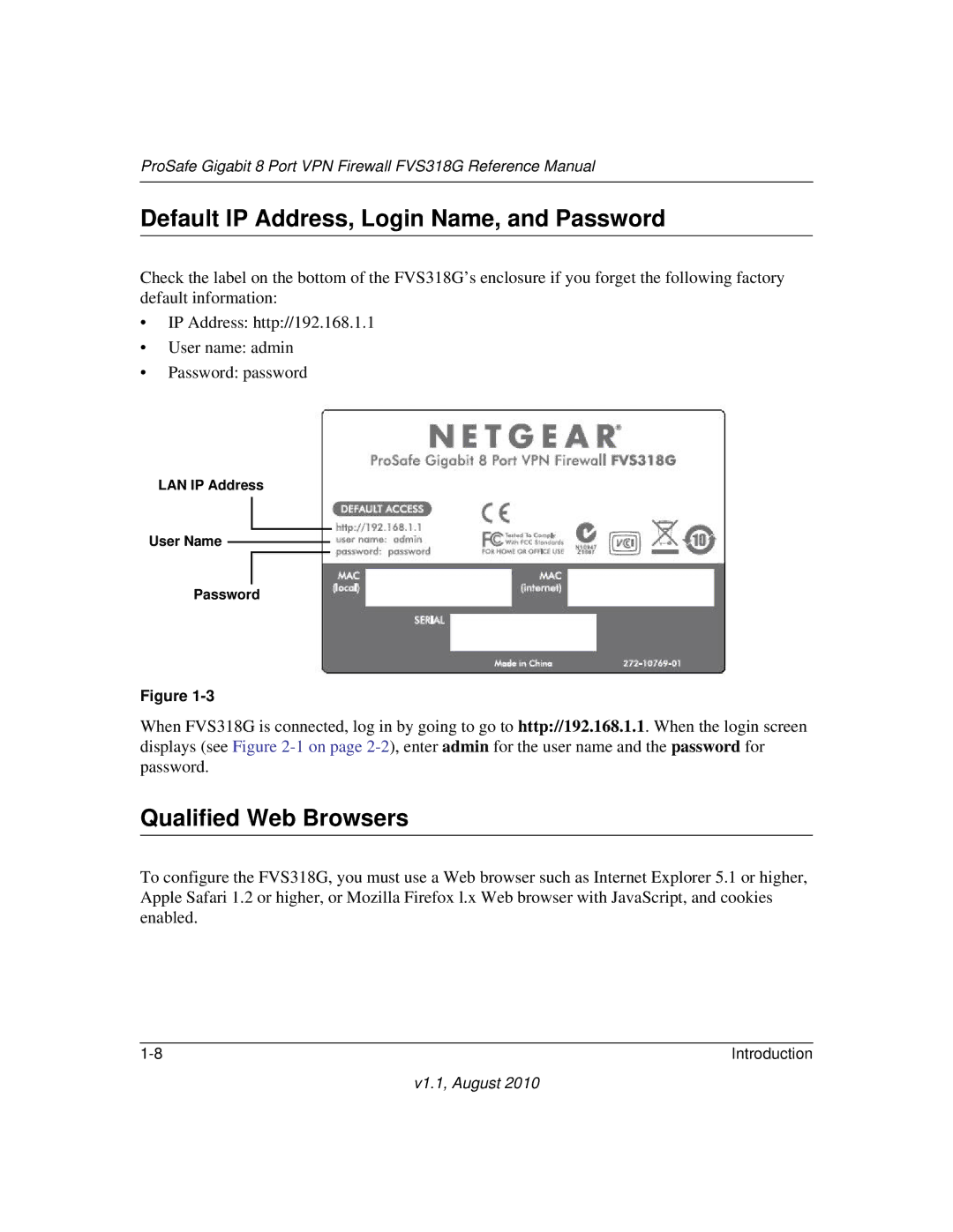 NETGEAR FVS318G Default IP Address, Login Name, and Password, Qualified Web Browsers, LAN IP Address User Name Password 