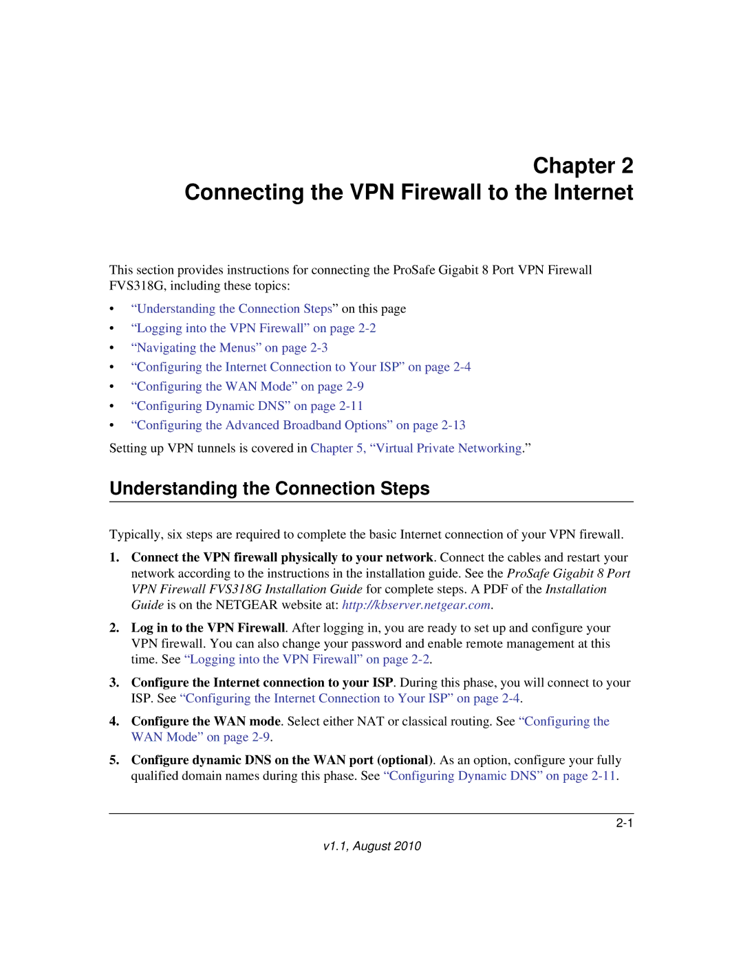 NETGEAR FVS318G manual Connecting the VPN Firewall to the Internet, Understanding the Connection Steps 