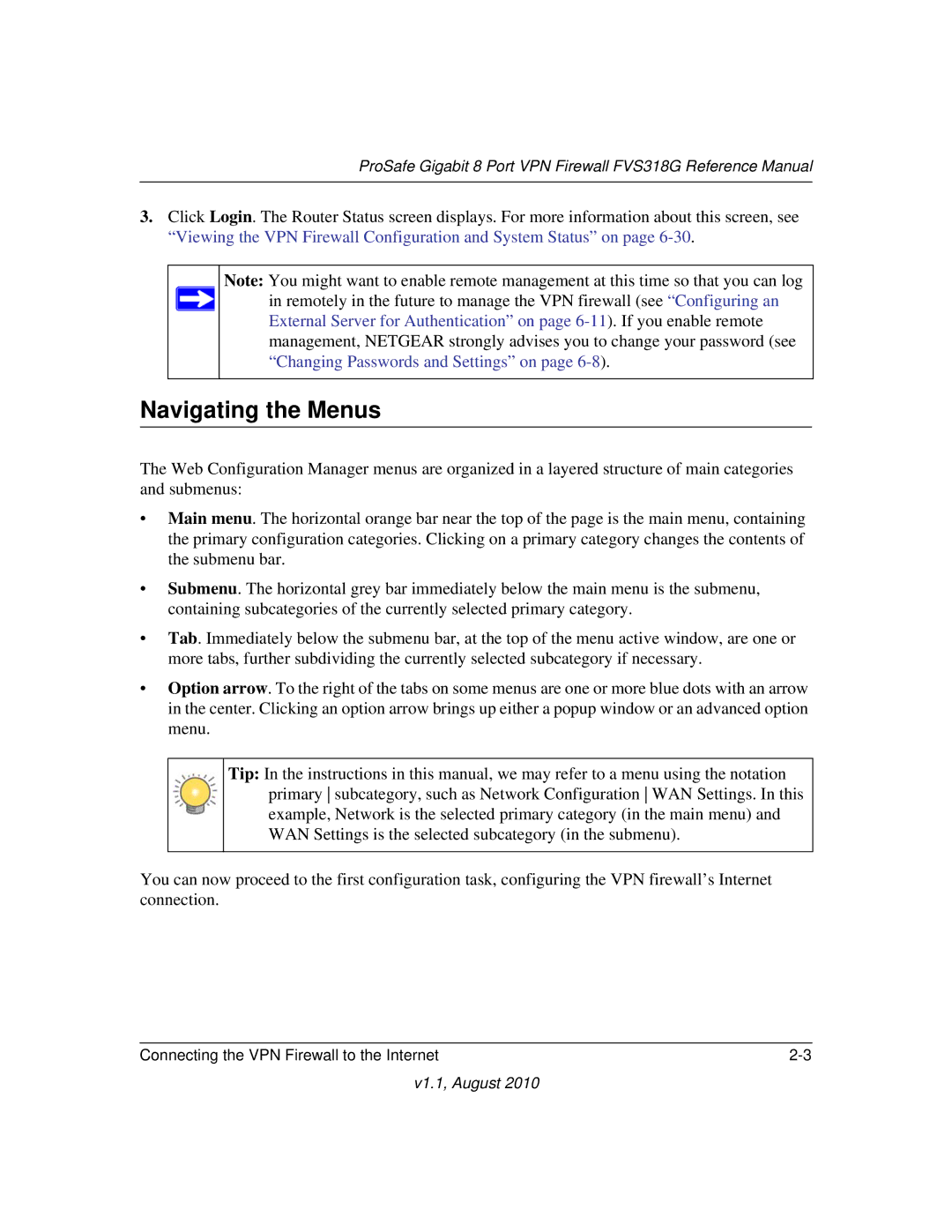 NETGEAR FVS318G manual Navigating the Menus 