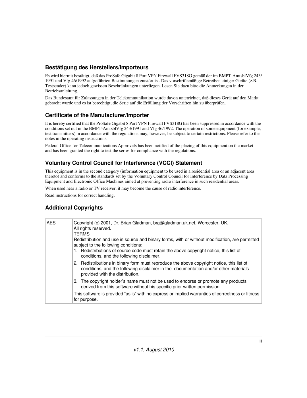 NETGEAR FVS318G Bestätigung des Herstellers/Importeurs, Certificate of the Manufacturer/Importer, Additional Copyrights 