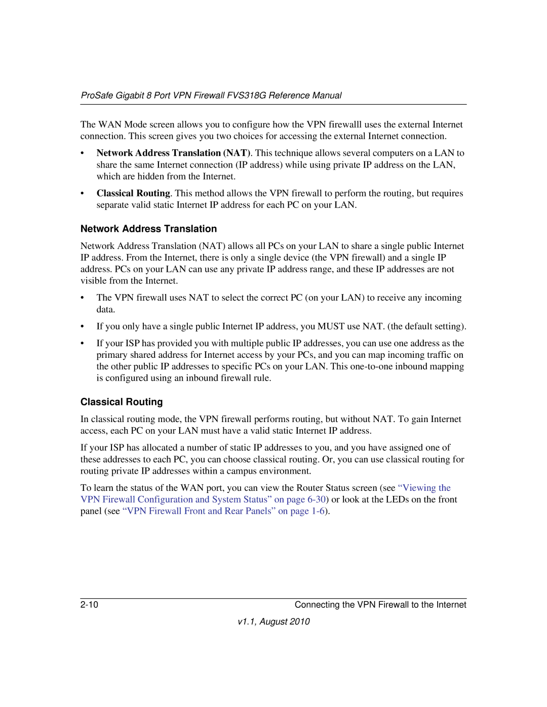 NETGEAR FVS318G manual Network Address Translation, Classical Routing 