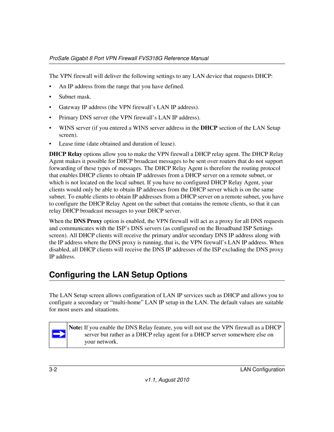 NETGEAR FVS318G manual Configuring the LAN Setup Options 