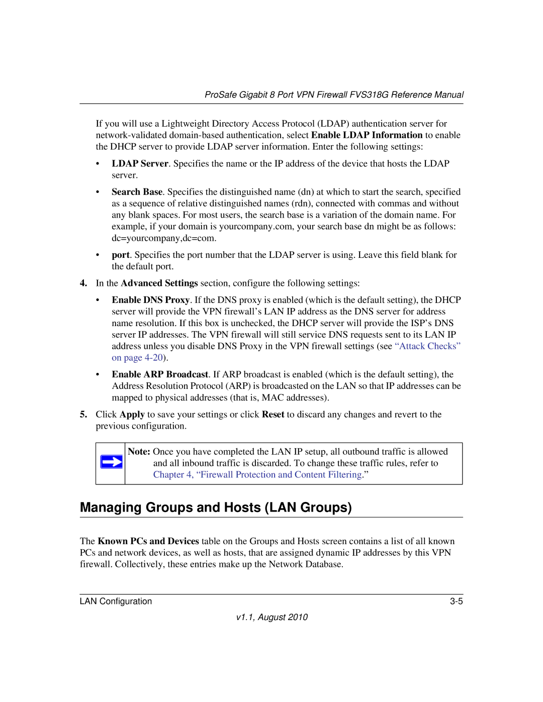 NETGEAR FVS318G manual Managing Groups and Hosts LAN Groups 