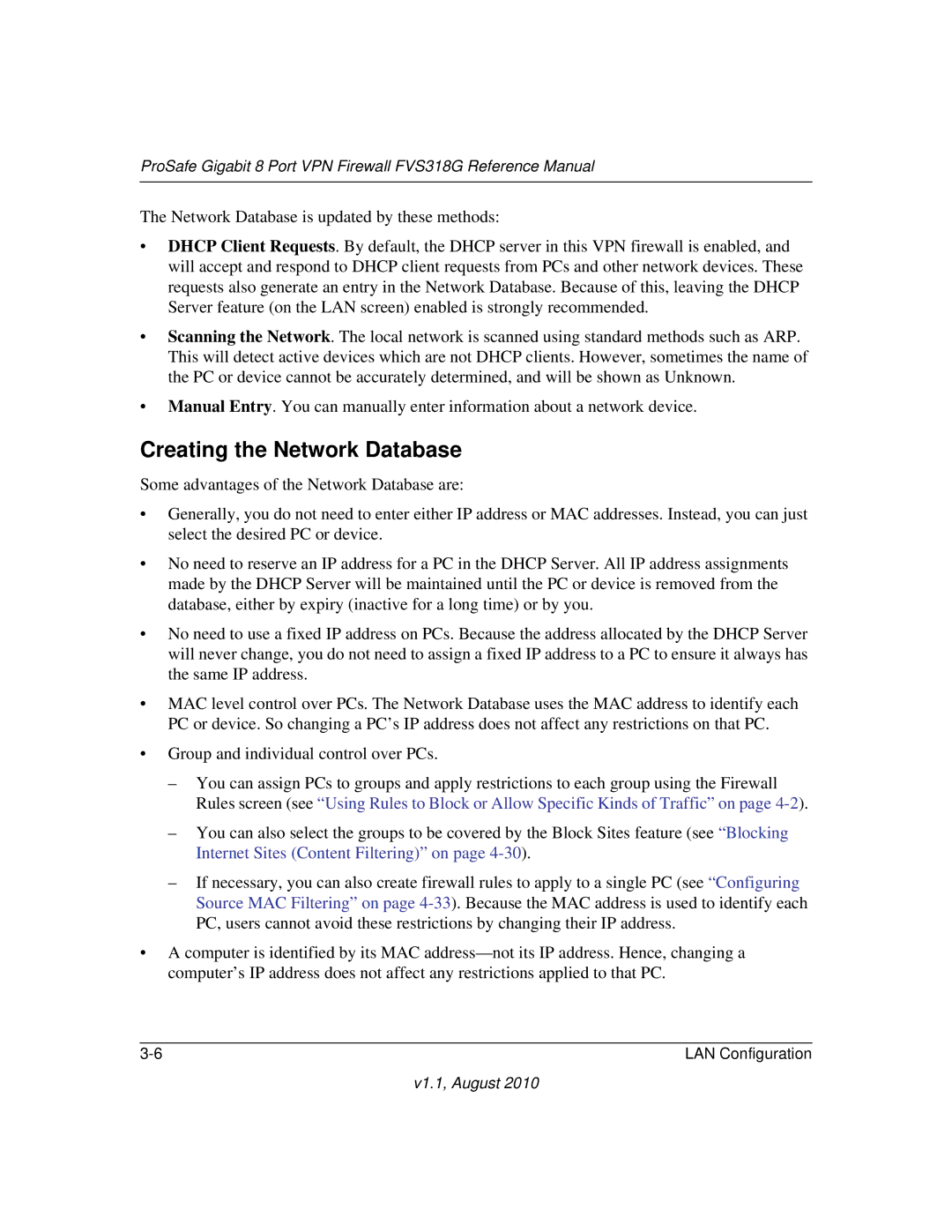 NETGEAR FVS318G manual Creating the Network Database, Group and individual control over PCs 