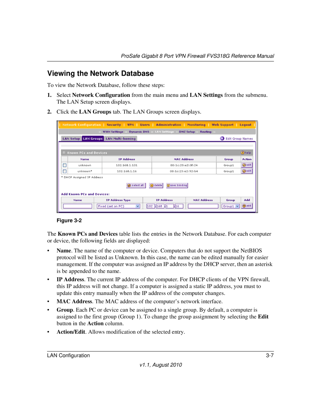 NETGEAR FVS318G manual Viewing the Network Database 