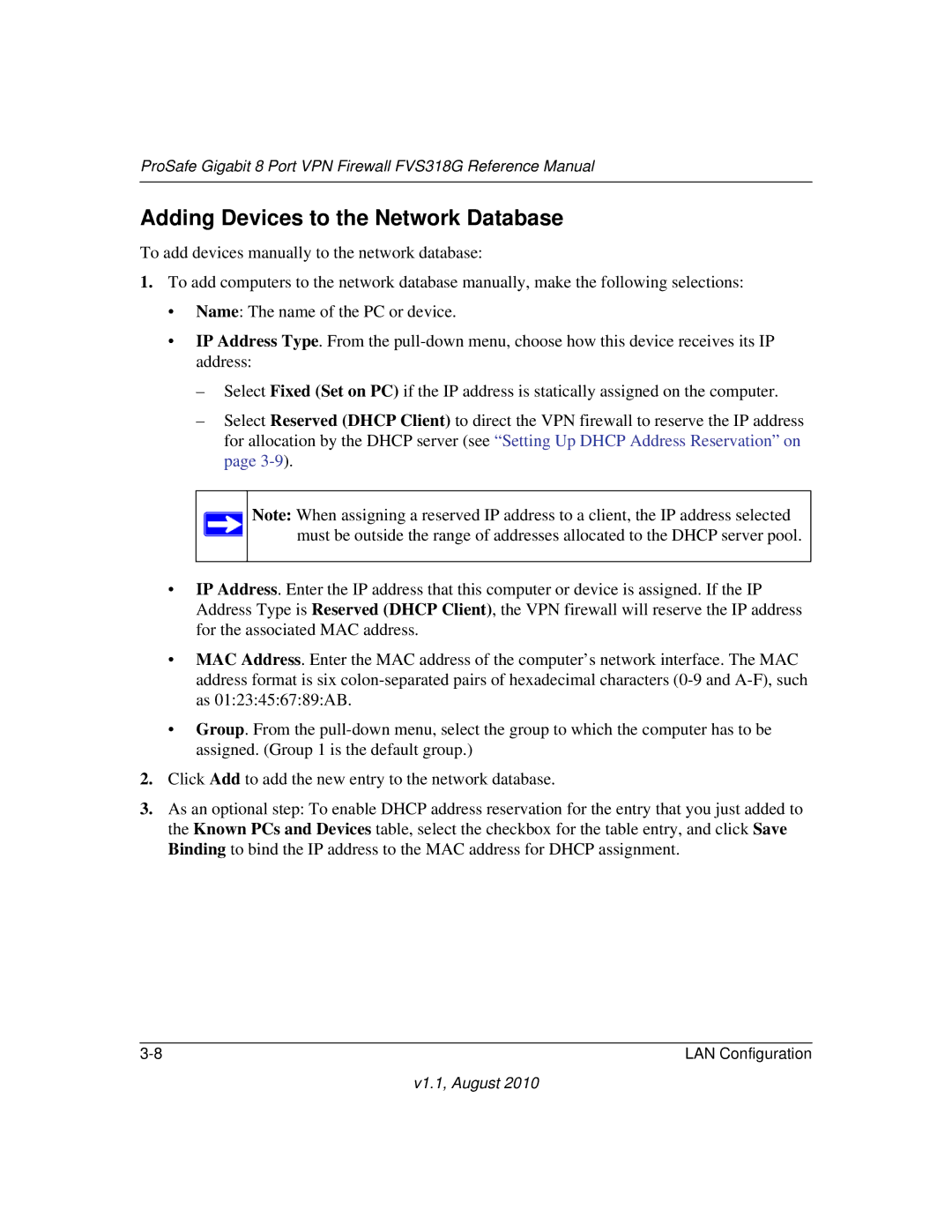 NETGEAR FVS318G manual Adding Devices to the Network Database 