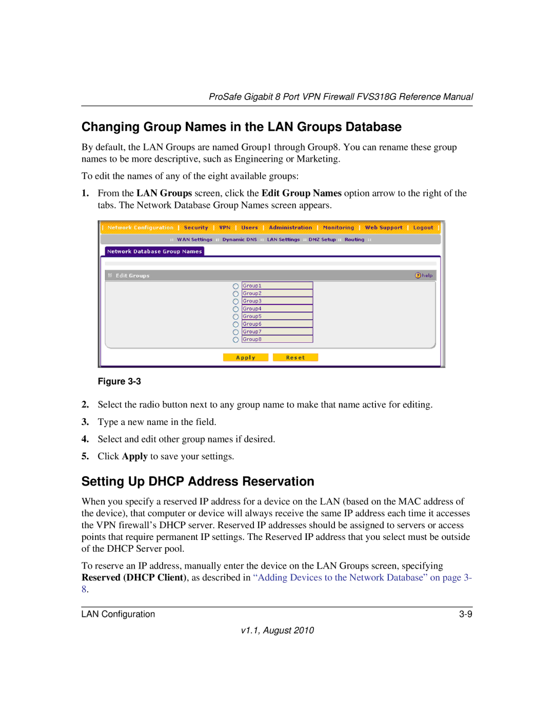 NETGEAR FVS318G manual Changing Group Names in the LAN Groups Database, Setting Up Dhcp Address Reservation 