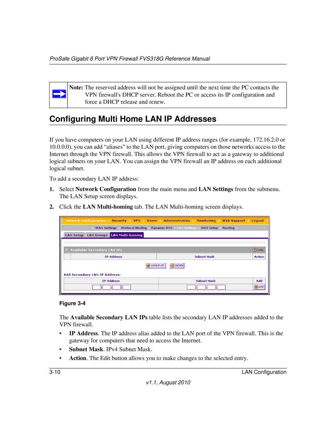 NETGEAR FVS318G manual Configuring Multi Home LAN IP Addresses 