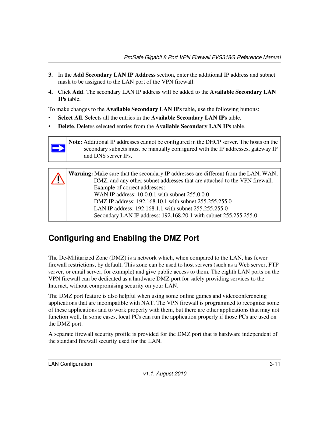 NETGEAR FVS318G manual Configuring and Enabling the DMZ Port 