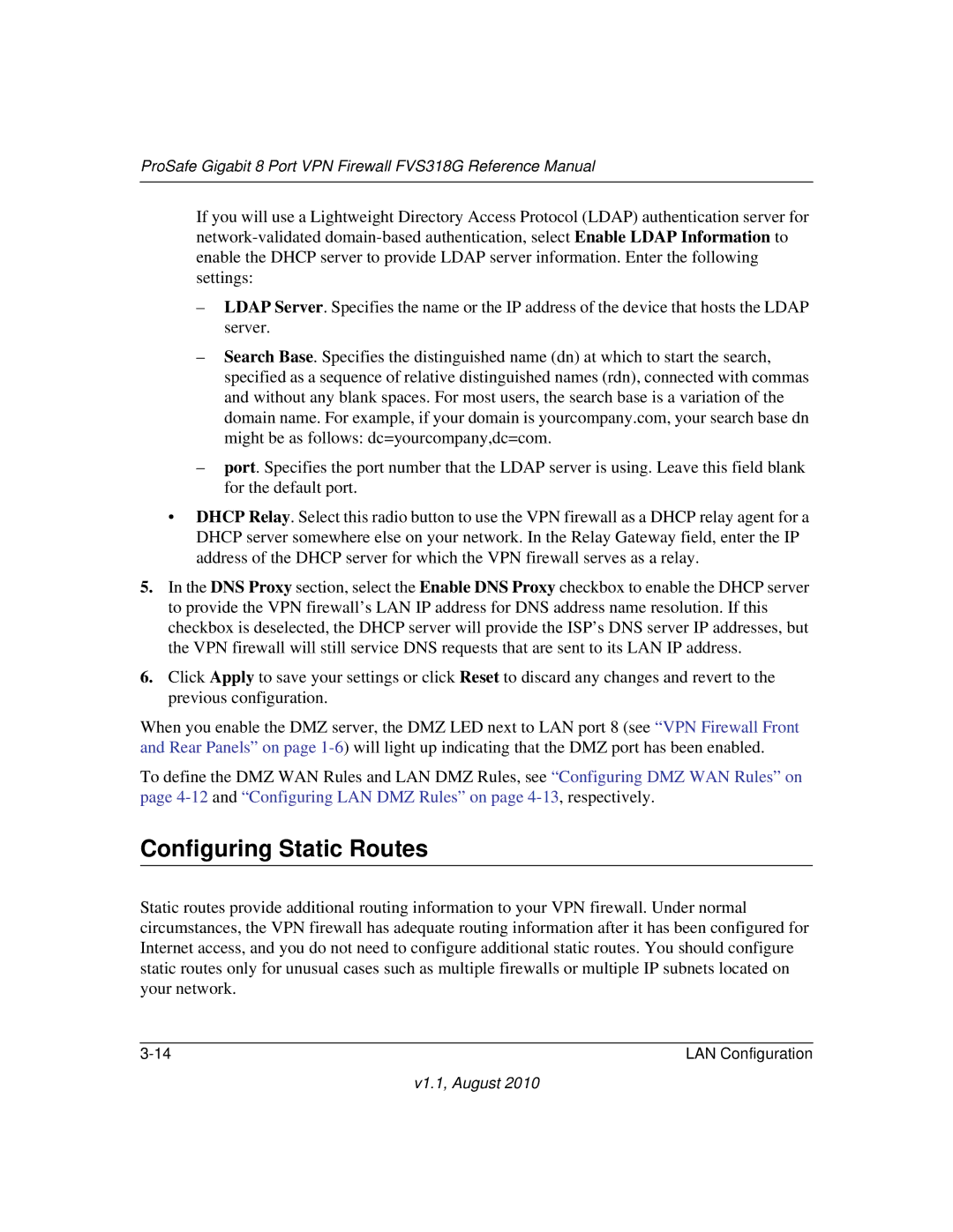 NETGEAR FVS318G manual Configuring Static Routes 