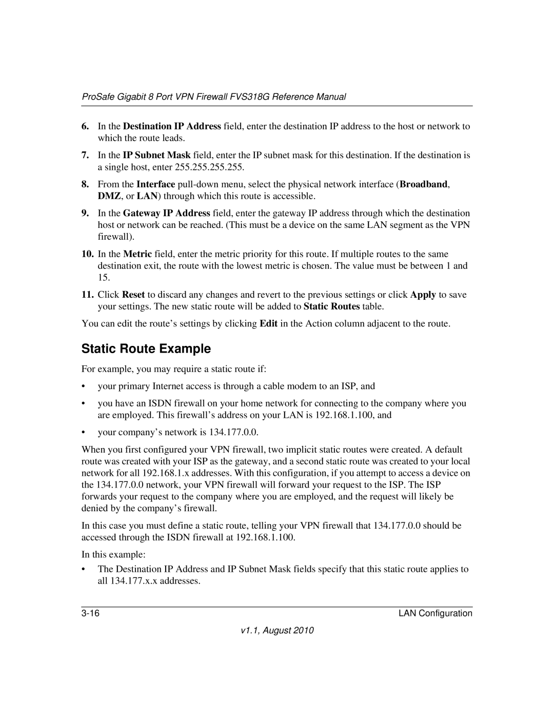 NETGEAR FVS318G manual Static Route Example 