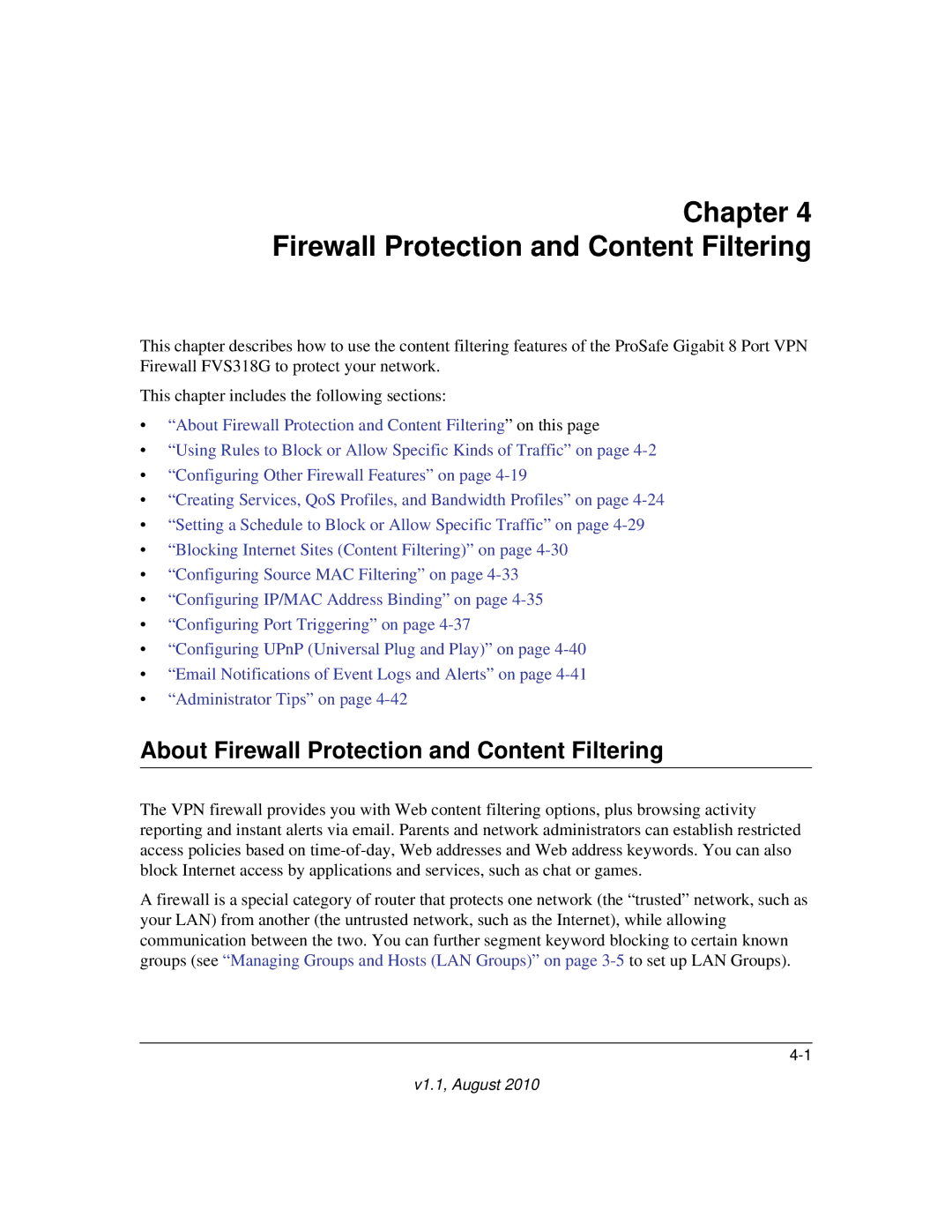 NETGEAR FVS318G manual About Firewall Protection and Content Filtering 