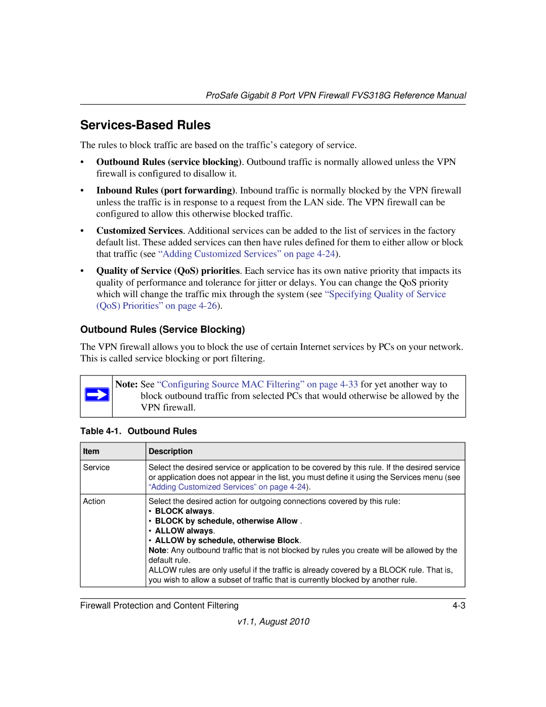 NETGEAR FVS318G manual Services-Based Rules, Outbound Rules Service Blocking 