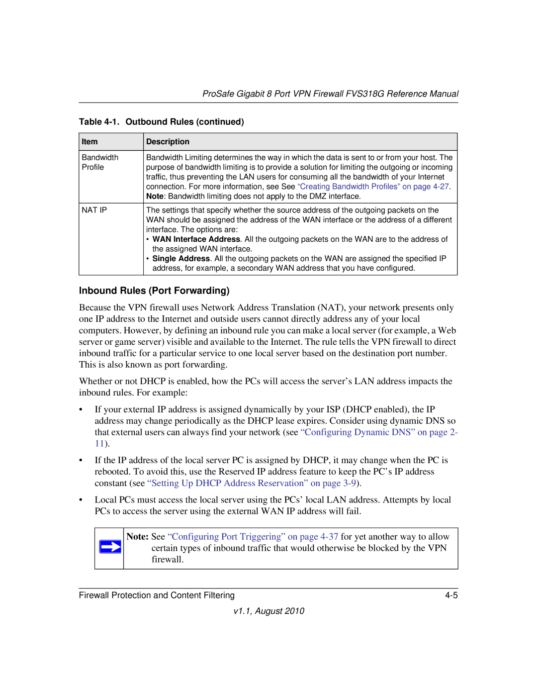 NETGEAR FVS318G manual Inbound Rules Port Forwarding, Profile 