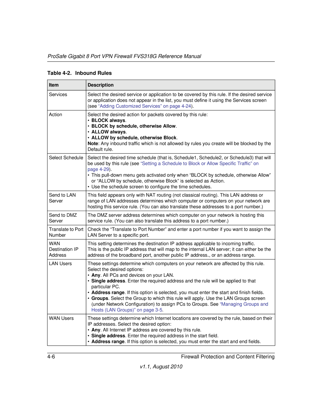 NETGEAR FVS318G manual Inbound Rules, Block always 