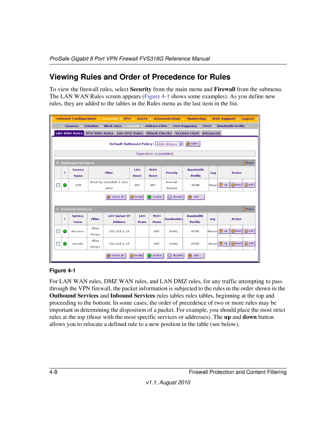 NETGEAR FVS318G manual Viewing Rules and Order of Precedence for Rules 