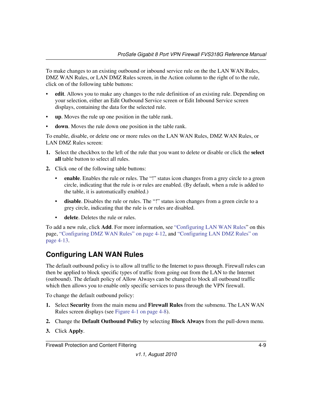 NETGEAR FVS318G manual Configuring LAN WAN Rules 