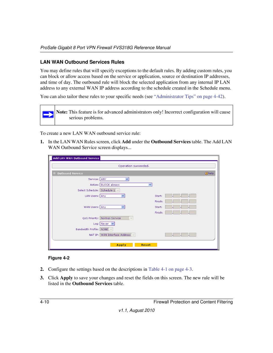 NETGEAR FVS318G manual LAN WAN Outbound Services Rules 