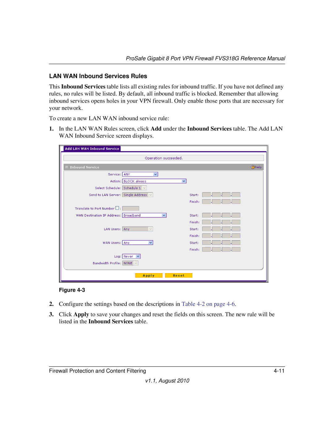 NETGEAR FVS318G manual LAN WAN Inbound Services Rules 