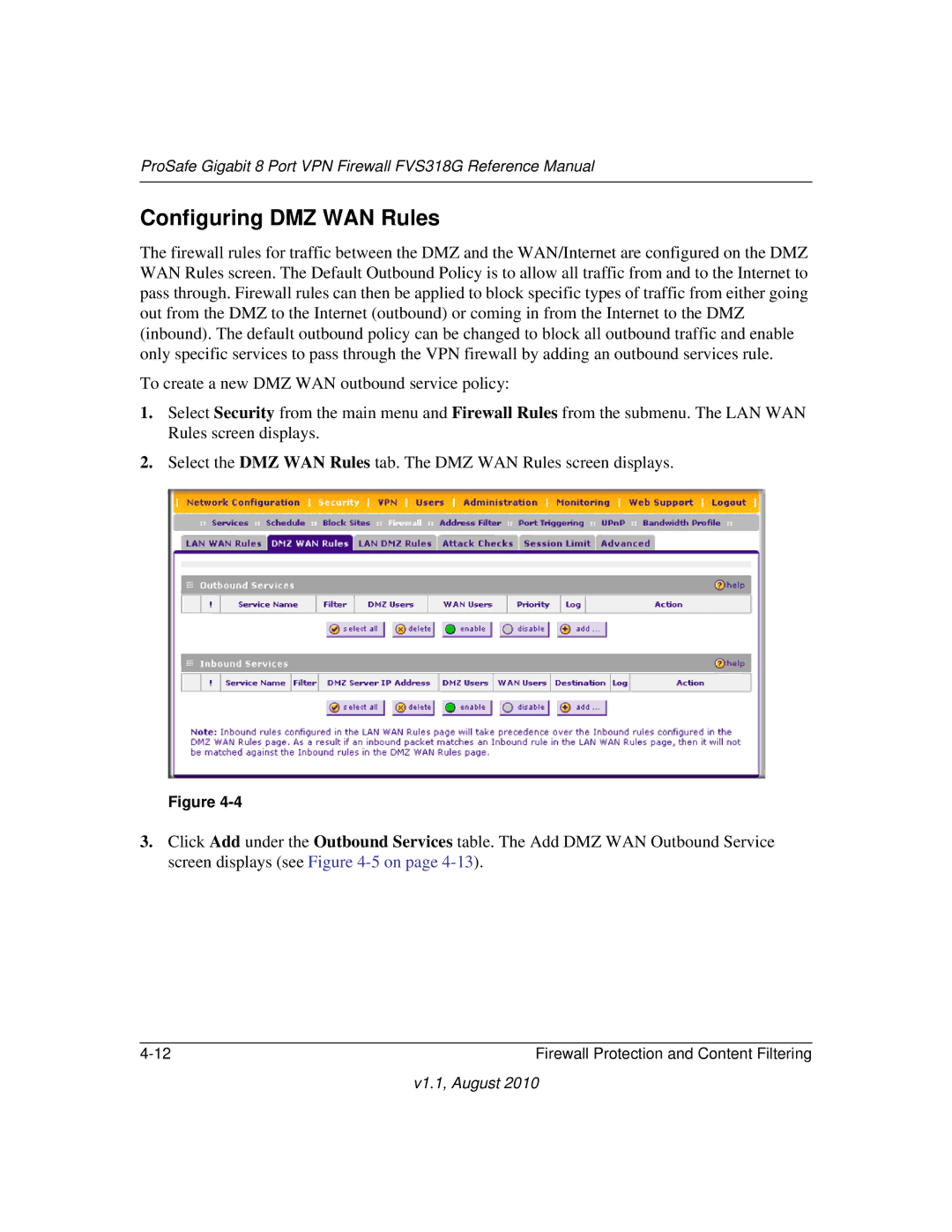 NETGEAR FVS318G manual Configuring DMZ WAN Rules 