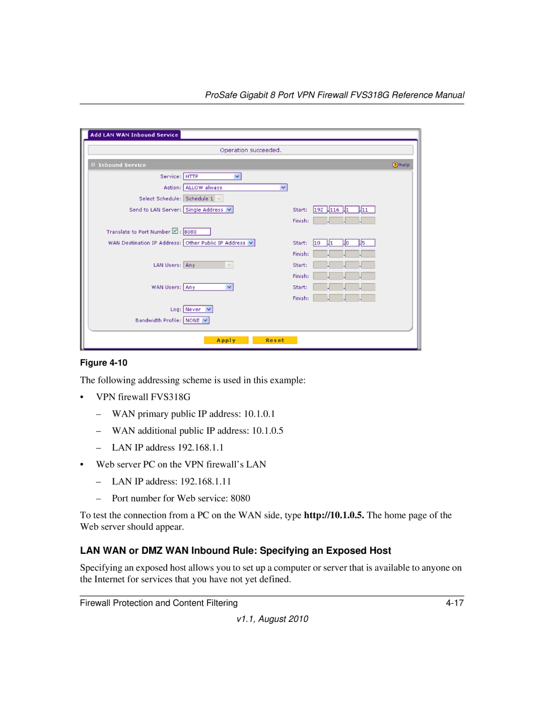 NETGEAR FVS318G manual LAN WAN or DMZ WAN Inbound Rule Specifying an Exposed Host 