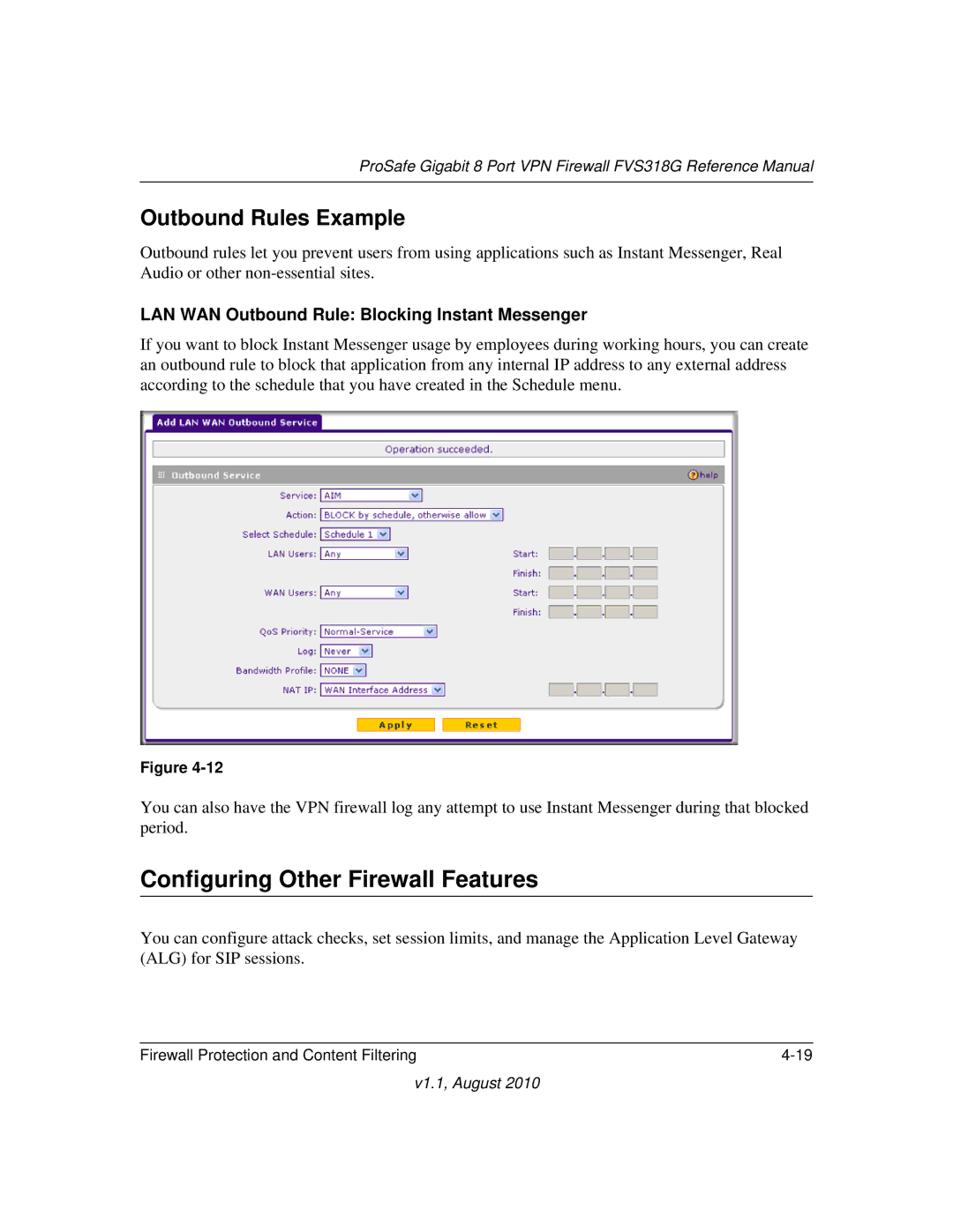 NETGEAR FVS318G manual Configuring Other Firewall Features, Outbound Rules Example 