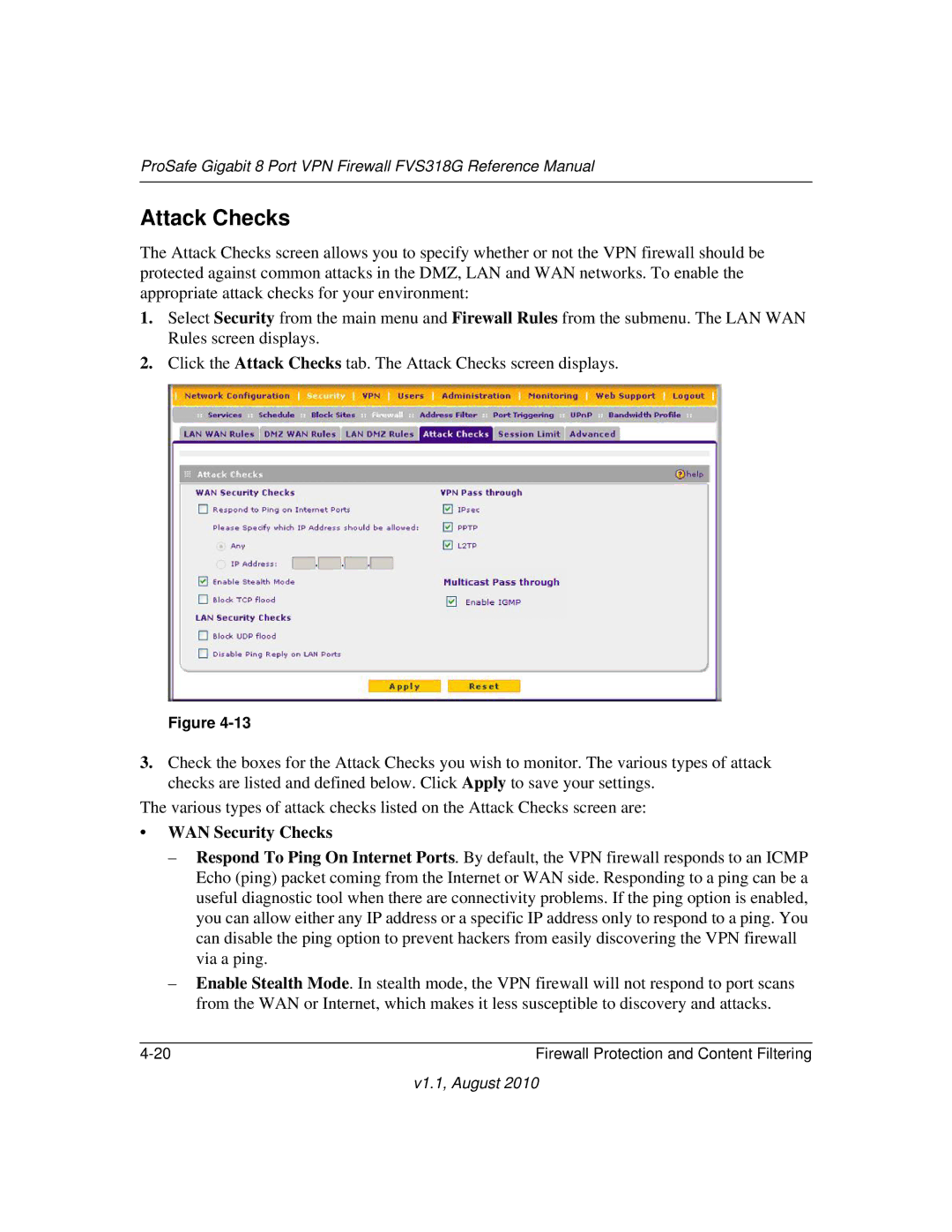 NETGEAR FVS318G manual Attack Checks, WAN Security Checks 