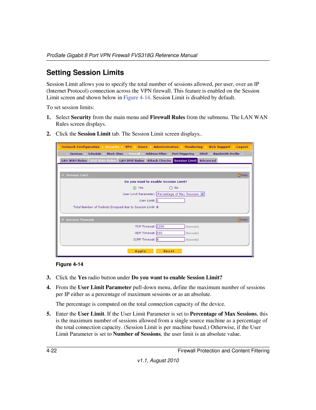 NETGEAR FVS318G manual Setting Session Limits 